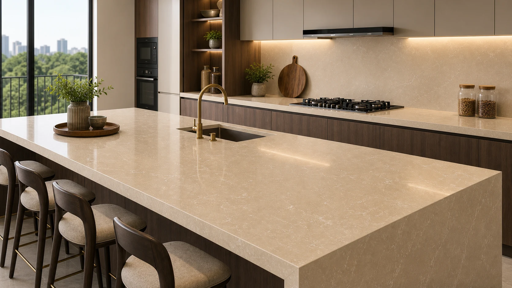 Beige & Warm Quartz Countertops in Hyderabad - Earthy Elegance reference image