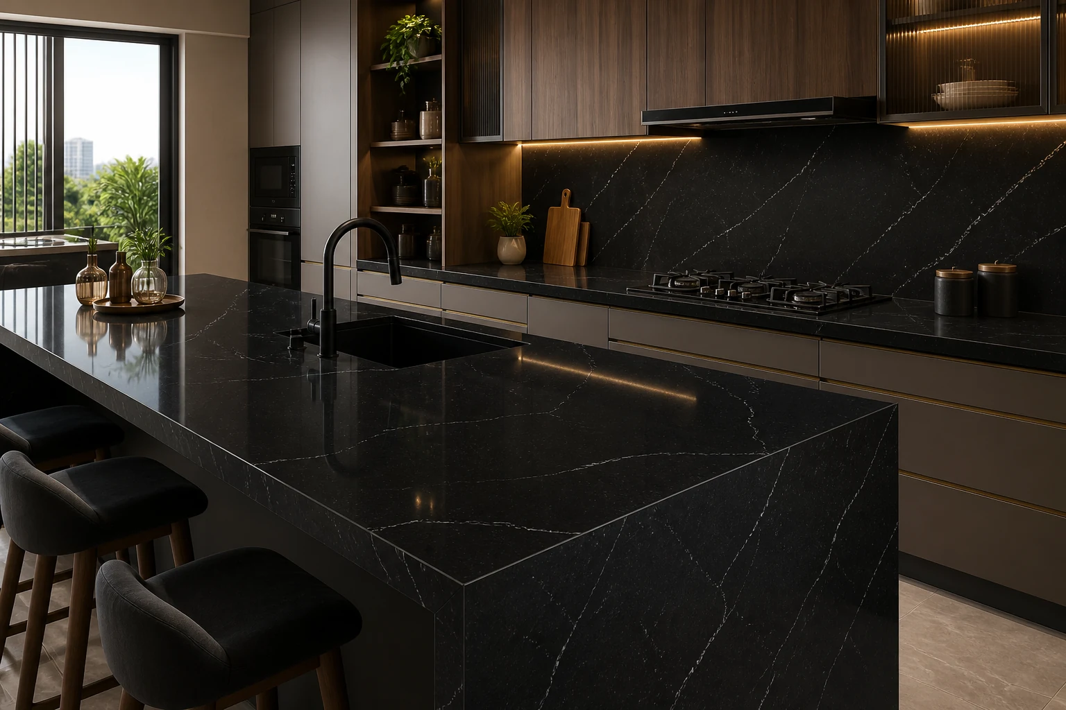 Camrola Manassas-style black quartz countertop render for a dramatic kitchen island